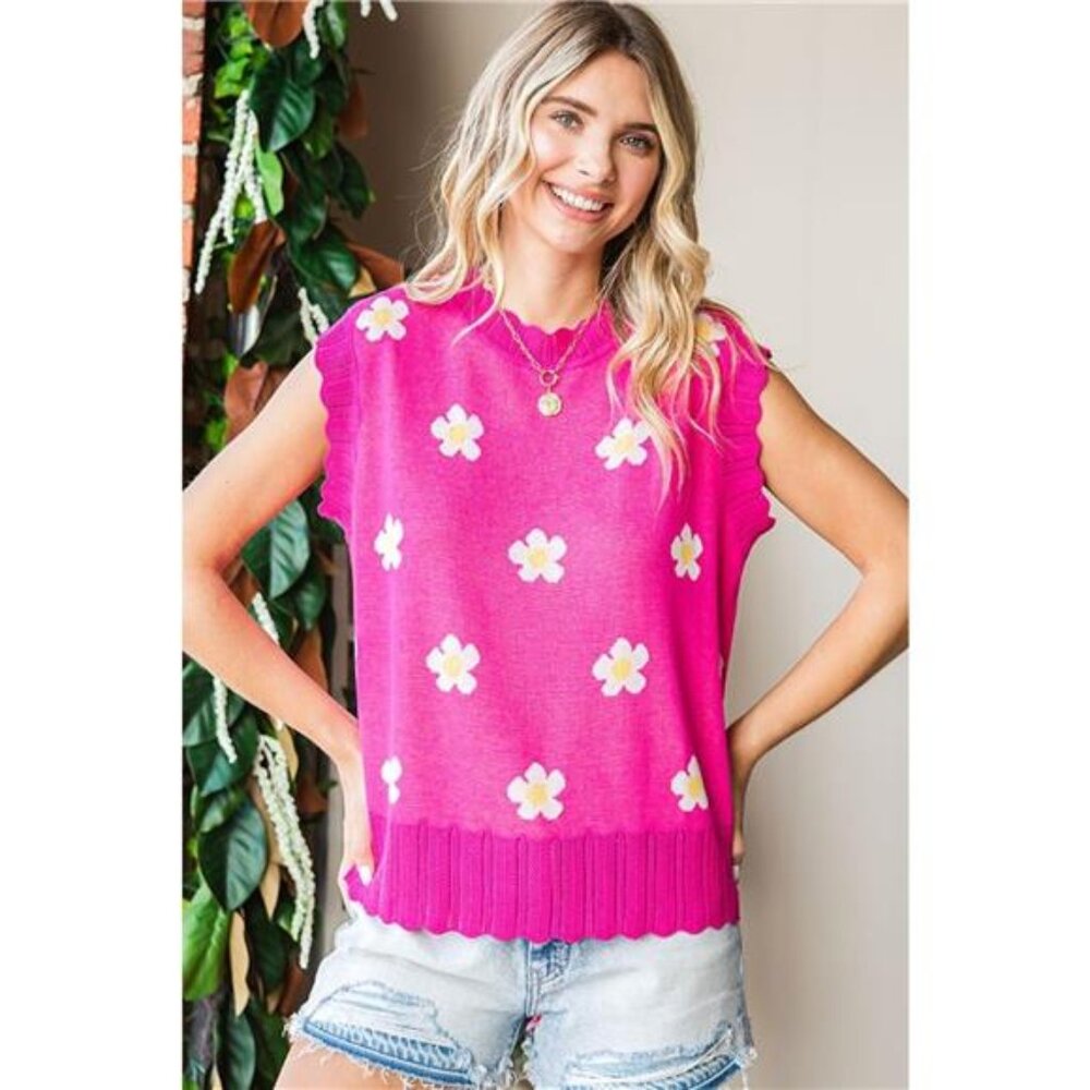 First Love‎ Full Size Flower Pattern Round Neck Sweater Vest